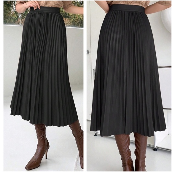 Luxe Vegan leather Accordion Pleated Midi Skirt - Picture 6 of 8